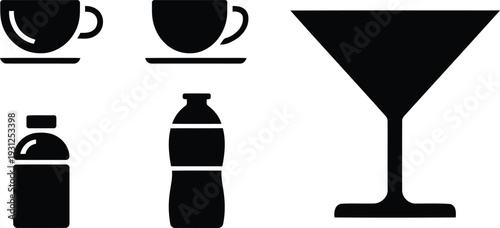 Coffee and beverage silhouette symbol set including coffee cup, tea cup, water bottle, and cocktail glass for cafe menus, apps and drink designs