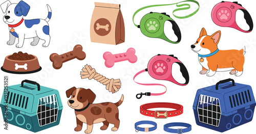 Pet Care Accessories Set with Dogs Carriers Leashes Collars Food Bowl and Toys Vector Illustration