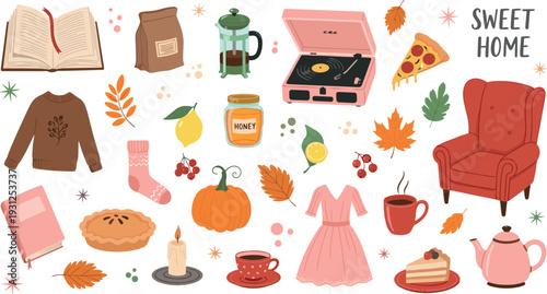 Cozy autumn home vector illustration set with pumpkin, sweater, pie, armchair and warm seasonal decor elements