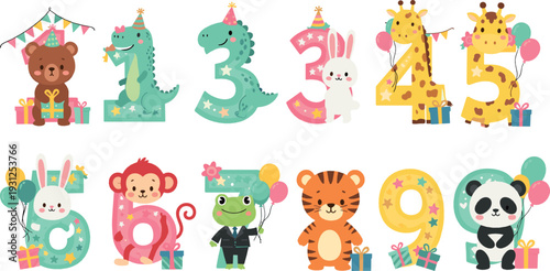 Cute animal birthday numbers vector set with cartoon jungle characters and colorful party celebration illustration