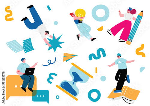 ポップで可愛い学生の男女のイラストセット