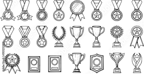 Collection of Hand-Drawn Trophies, Medals, and Certificates for Awards and Achievements