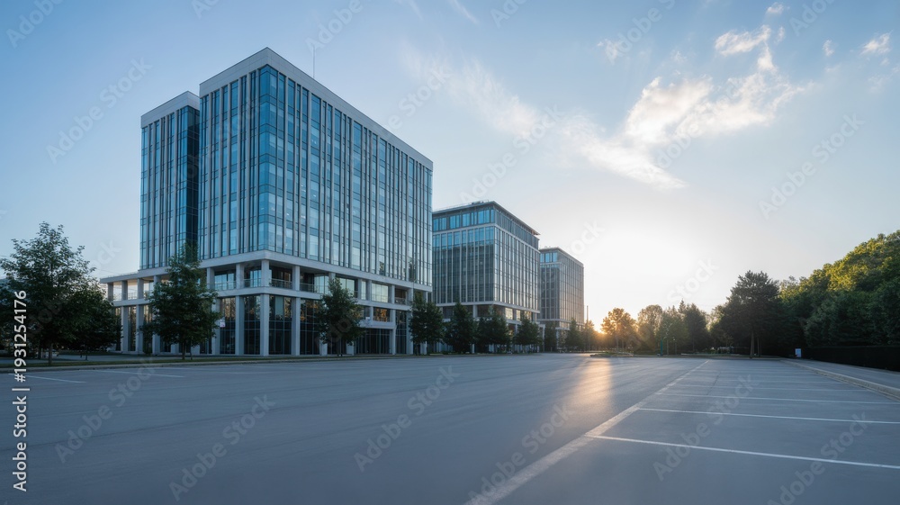 Fototapeta premium Large empty asphalt parking lot in front of modern glass office buildings at golden hour
