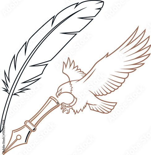 Eagle flying with feather quill pen and ink, symbolizing writing, freedom, and the power of words