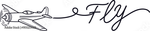 Minimalist line art illustration of a vintage propeller airplane drawing the word 'Fly' with a smoke trail