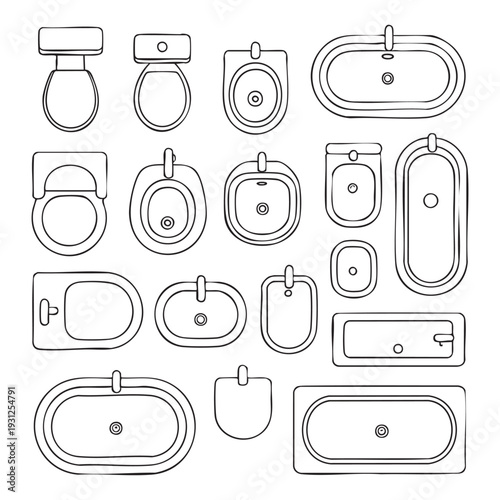 Various styles of urinals and toilets in a line bathroom fixtures line black and white