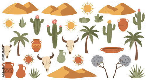 Desert Oasis Elements Collection Featuring Cacti Sunsets Palm Trees and Ancient Pottery for a Bohemian Vibe