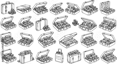 Detailed collection of hand-drawn line art icons featuring briefcases and suitcases overflowing with stacks of money, symbolizing finance, wealth, business, and success.