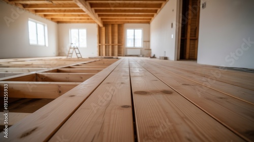 Interior of a house under construction with focus on wooden floor joists and subfloor installation.