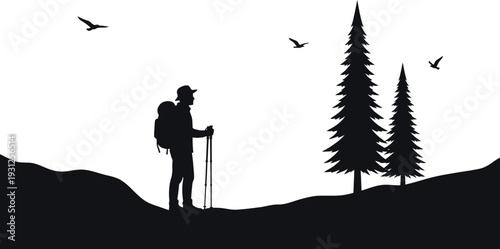 Hiker standing on mountain peak with trekking poles vector illustration, flat design silhouette