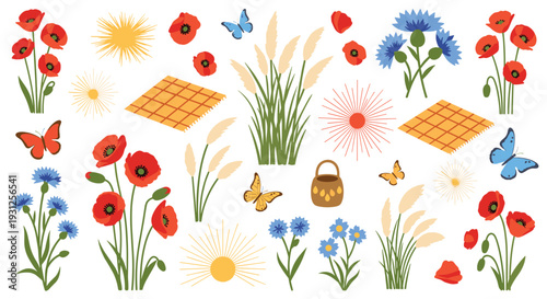 Charming Summer Meadow Collection Featuring Poppies Cornflowers Butterflies and Pampas Grass Elements