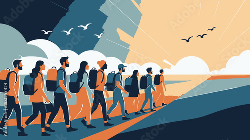 Group of Hikers Walking Together vector illustration