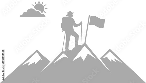 A gray-scale illustration of a hiker standing on a mountain summit with a flag.