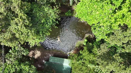 Aerial Drone Footage of Natural Waterfall in El Valle de Anton Panama Tropical Rainforest Landscape