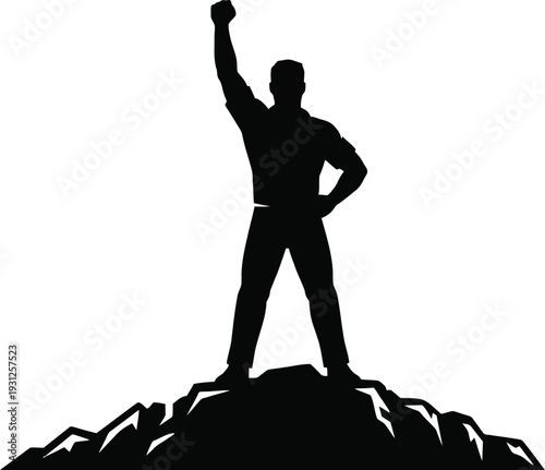 Silhouette of a man with a raised fist standing on a pile of rubble against a red background Vector
