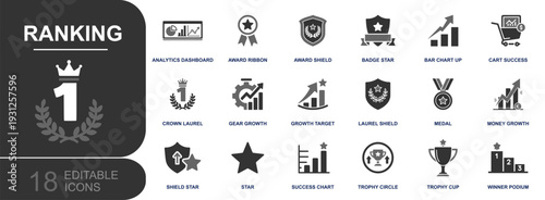 Ranking icon set. Containing analytics dashboard, award ribbon, badge star, bar chart up, medal, trophy cup, winner podium, money growth and more. Solid fill vector icons collection