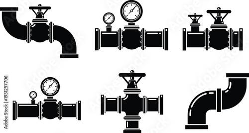 Black Vector Icon Set of Industrial Pipe Fittings Including Valves Pressure Gauges Steel Elbows and Plumbing Connectors for Oil Gas and Water Pipeline Systems