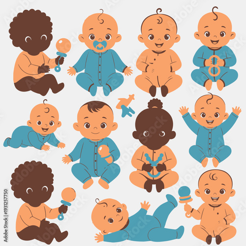 Diverse Babies with Toys vector illustration