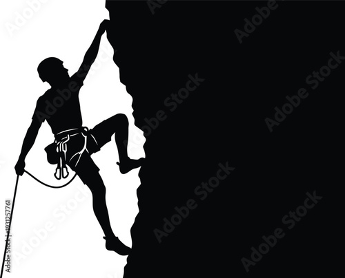 Silhouette of a rock climber scaling a steep mountain cliff face against a white background. Vector