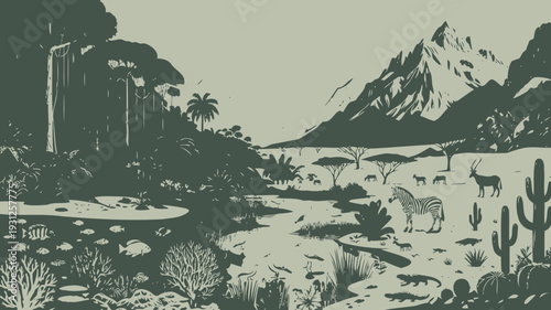 Desert Landscape with Animals and Ruins vector illustration