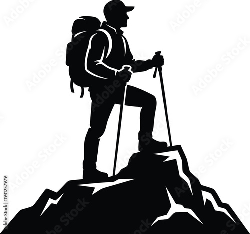 Black silhouette of a hiker with a backpack and trekking poles standing on a mountain peak Vector