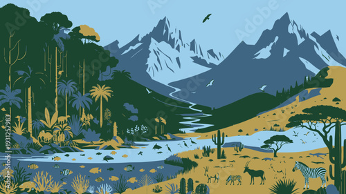 Mountain Landscape with Wildlife vector illustration