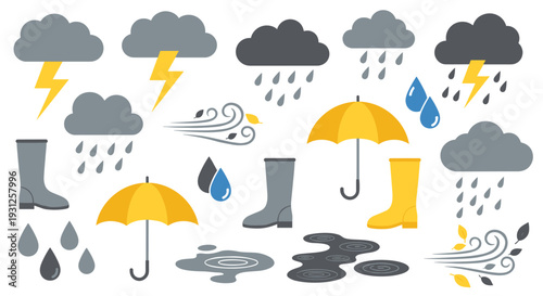 Collection of weather elements including rain clouds lightning umbrellas boots puddles and wind for weather forecast and seasonal concept