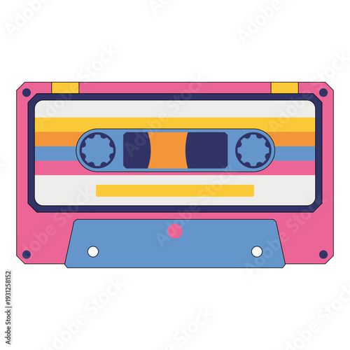 Retro audio cassette tape in flat style. Vintage analog music media from 80s–90s era, colorful magnetic tape isolated on white background. Vector illustration