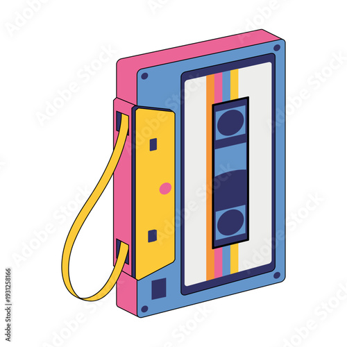 Retro audio cassette tape in flat style. Colorful 90s music concept, vintage analog technology, nostalgic design element isolated on white background. Vector illustration.