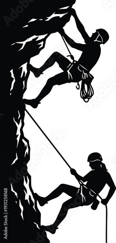 Black and white silhouette illustration of two people rock climbing on a steep cliff face Vector