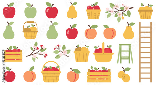 A vibrant collection of pixel art fruits and harvest baskets showcasing a delightful assortment of apples pears and peaches in a charming rustic style
