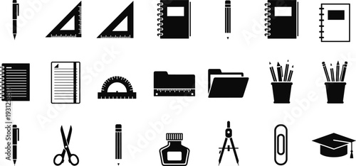 Collection of black flat vector school and office stationery icons including pen pencil notebook ruler folder scissors and graduation cap isolated on white background.