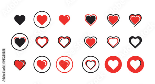 Collection of versatile heart icons and symbols in various black and red vector graphic styles