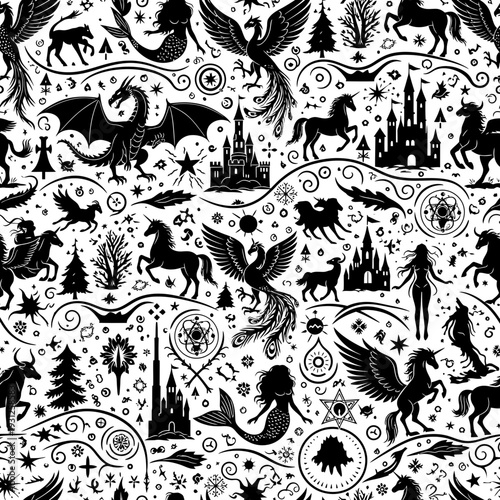 Whimsical Fantasy Creatures Pattern vector illustration