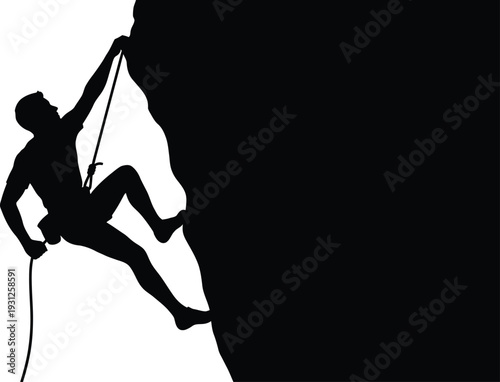 Silhouette of a male rock climber scaling a steep mountain cliff against a white background Vector