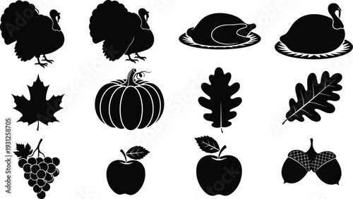 Black Thanksgiving silhouette vector icon set featuring turkey pumpkin autumn maple oak leaves grapes apples and acorns isolated on white background for seasonal harvest design (24 words)