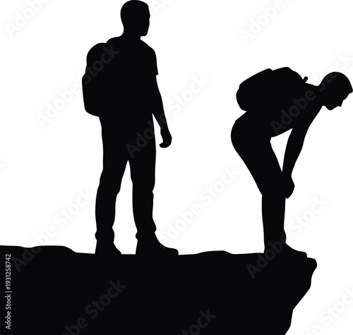 Silhouette of two hikers standing on the edge of a cliff against a white background Vector