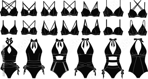 Big Collection of Women Swimwear and Lingerie Technical Flat Sketches Vector Template, Black Bodysuit and Bra Apparel CAD Set Illustration