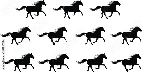 Black horse silhouette collection featuring twelve various running and galloping poses, wild mustang stallions isolated on white background, vector illustration.