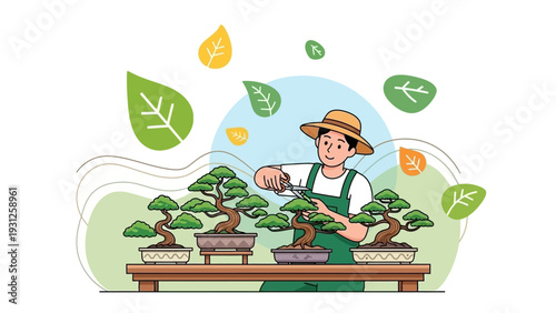 Man tending to bonsai trees with scissors.