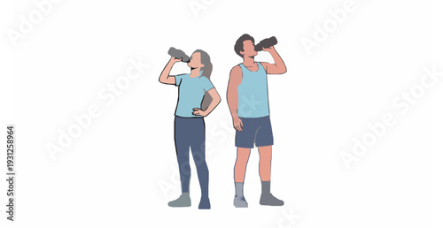 Man and Woman Drinking Water Flat Vector Illustration Isolated on White Background