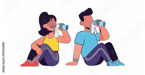 Cute Cartoon Man and Woman Drinking Water After Exercise Vector Illustration