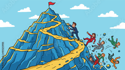 Pixel art illustration of business people climbing a steep mountain with one man reaching the summit Vector
