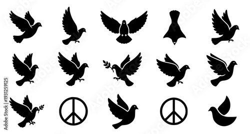 Black Dove Silhouette Icon Set with Peace Symbol and Flying Pigeon Vector