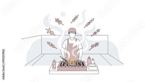 Chef grilling skewers illustration with various floating kebab types.