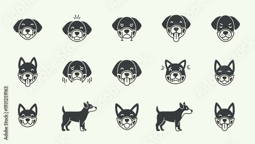 Dog Muzzle Icons with Various Expressions and Standing Dog Silhouettes