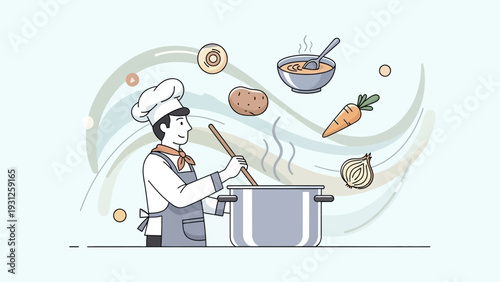 Chef cooking soup with fresh ingredients