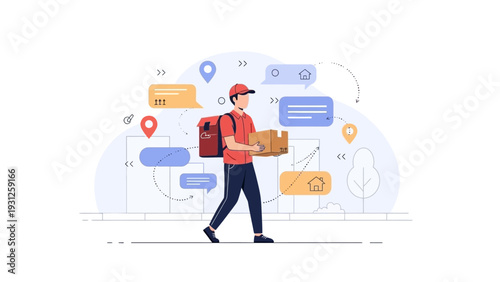 Courier delivering a package with online tracking and communication icons.