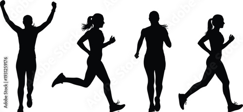 Collection of Four Female Runner Silhouettes Representing Fitness Jogging Marathon Training Athlete Success and Healthy Lifestyle Black Vector Illustration on White