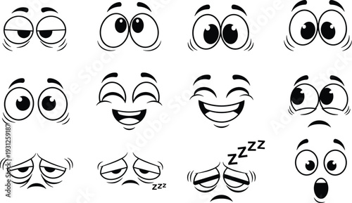 Collection of cartoon eye expressions featuring various emotions like happy, sad, angry, tired, surprised, and sleepy, isolated black vector icons.